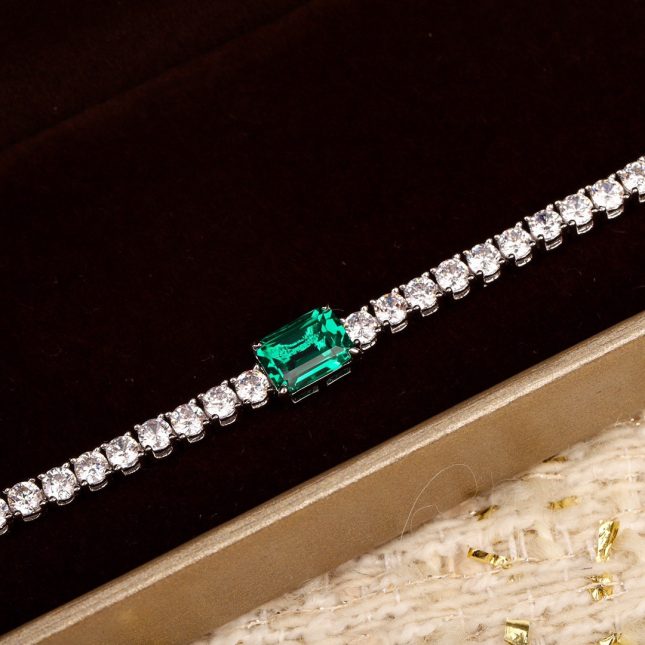 Women's 925 Sterling Silver Small Sugar Cube Emerald Bracelet – Elegant & Dazzling Gemstone Design - Image 4